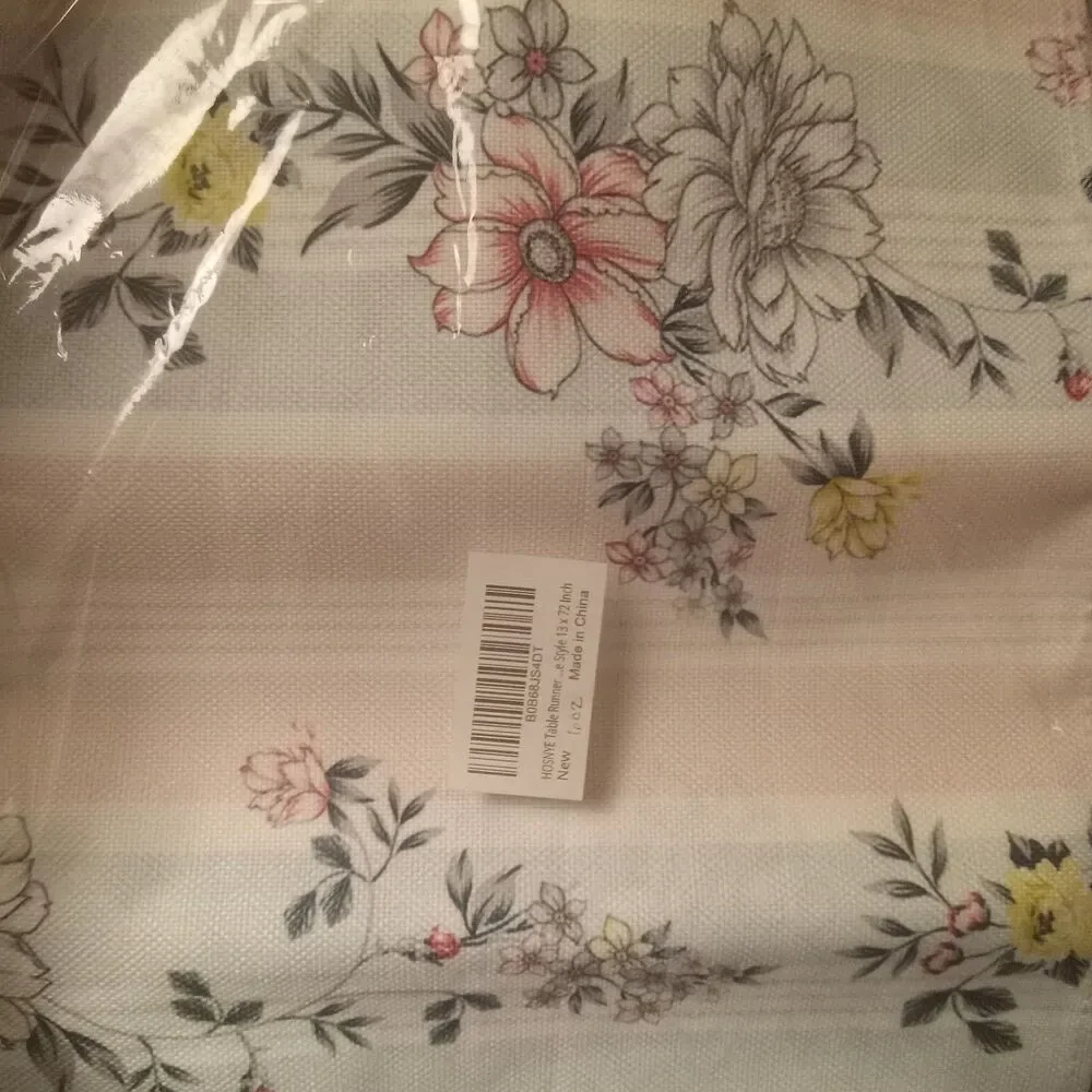 HOSNYE Table Runner Flower and Stripes Pattern,Cotton Linen Table Runner...